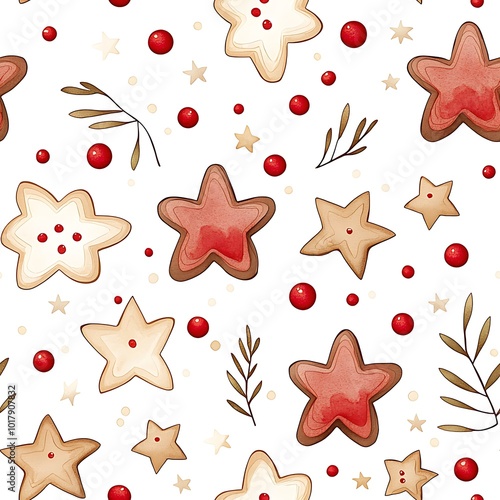 Watercolor Christmas Star Cookies Seamless Pattern Festive Holiday Baking Background