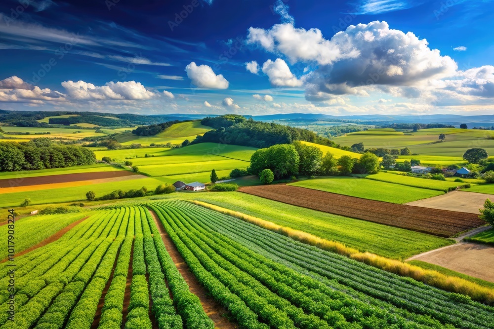 Lush Green Fields of Agriculture with Vibrant Crops Under a Clear Blue Sky in Rural Landscape