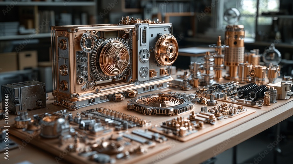 Intricate mechanical assembly showcasing gears and components. Intricate mechanical assembly showcasing gears and components.