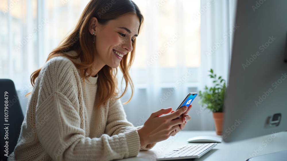 Woman Smiling at Smartphone: Remote Work Productivity in Cozy Home Office Setting for Digital Marketing Woman Smiling at Smartphone: Remote Work Productivity in Cozy Home Office Setting for Digital Marketing