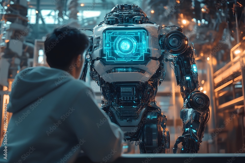Futuristic AI Powered Robot Interacting with Holographic Control Interface Futuristic AI Powered Robot Interacting with Holographic Control Interface