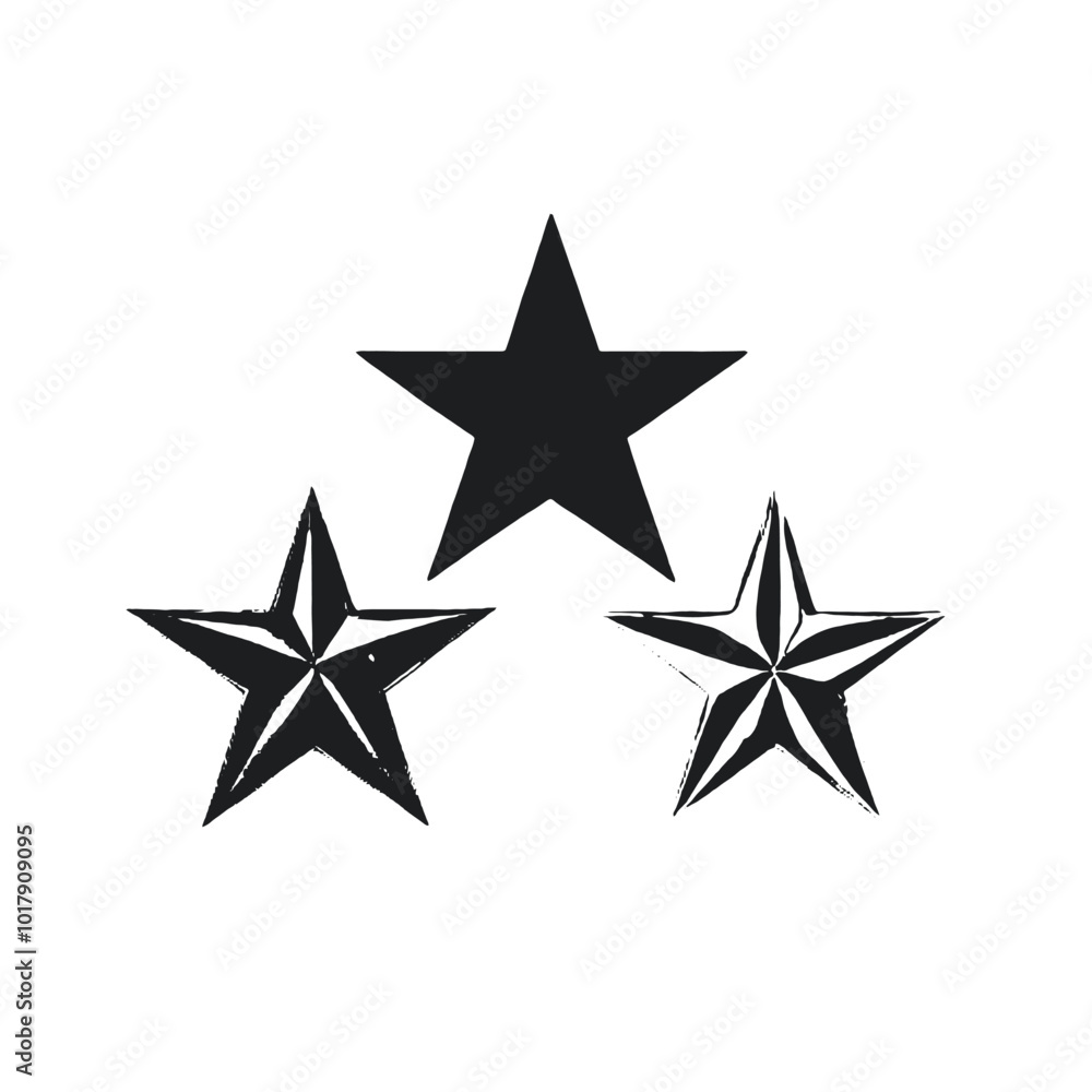 Three black and white star icons, vector silhouette, Three black and white star icons, vector silhouette,