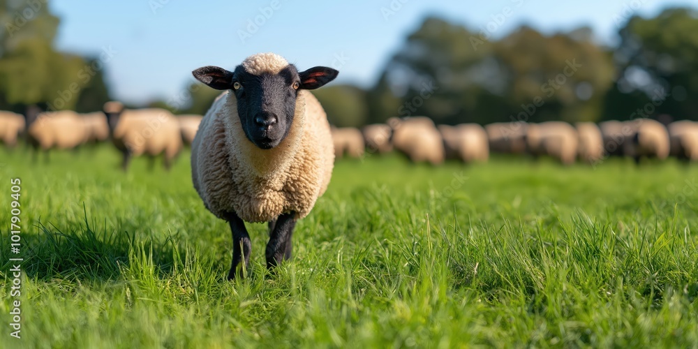 Fototapeta premium A Suffolk sheep flock grazing in a freshly rotated, lush green pasture in Southern England