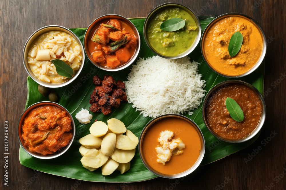 A traditional South Indian meal served on a banana leaf with various dishes including rice, curries, vegetables, pickles, and yogurt. A traditional South Indian meal served on a banana leaf with various dishes including rice, curries, vegetables, pickles, and yogurt.