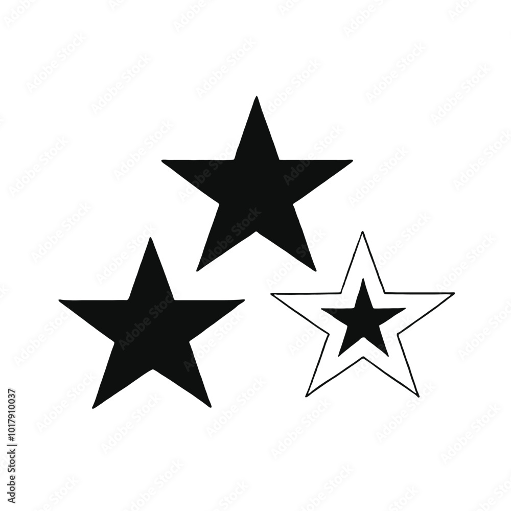 Three black and white star icons, vector silhouette, Three black and white star icons, vector silhouette,
