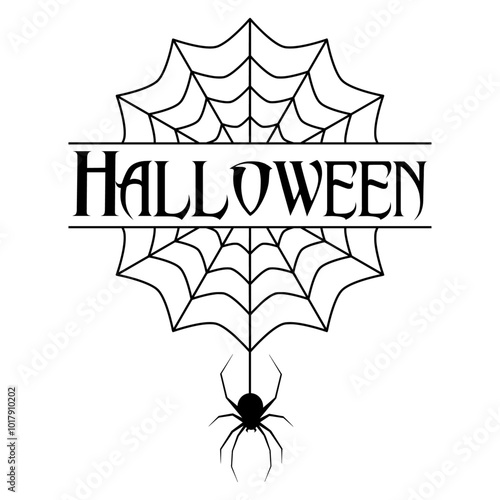 Banner horizontal con palabra Halloween en tela de araña y araña colgando para felicitaciones y tarjetas
