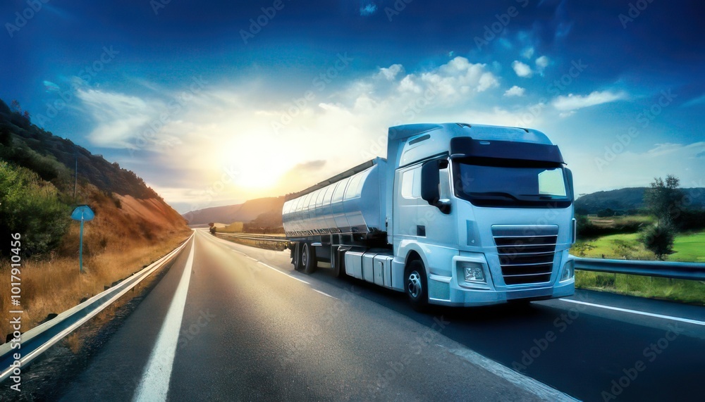 Fuel truck on a highway, transporting fuel with a focus on safety