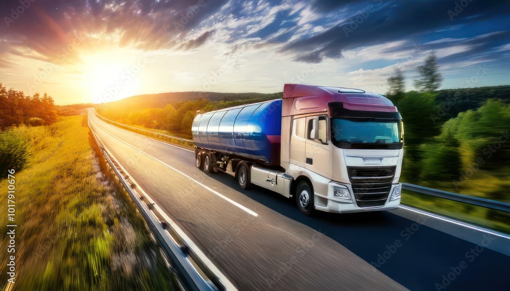 Fuel truck on a highway, transporting fuel with a focus on safety Fuel truck on a highway, transporting fuel with a focus on safety