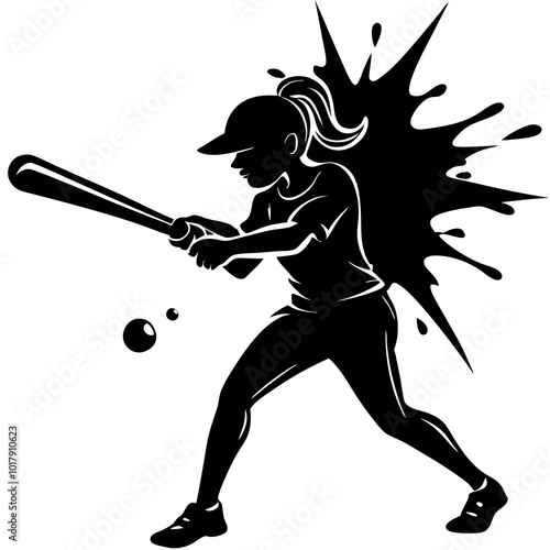 girl hit the baseball ball silhouette