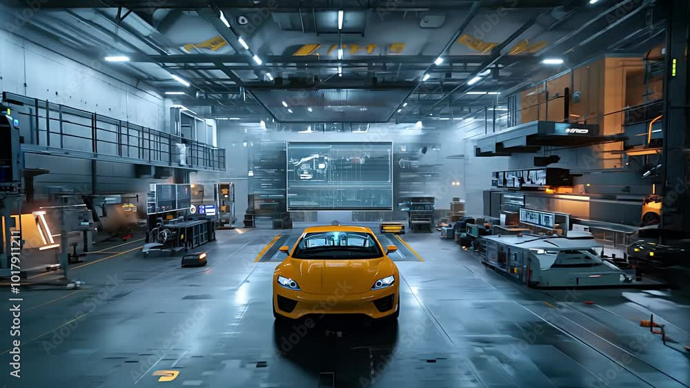 Car factory, automated assembly line. Created with Generative AI. Car factory, automated assembly line. Created with Generative AI.