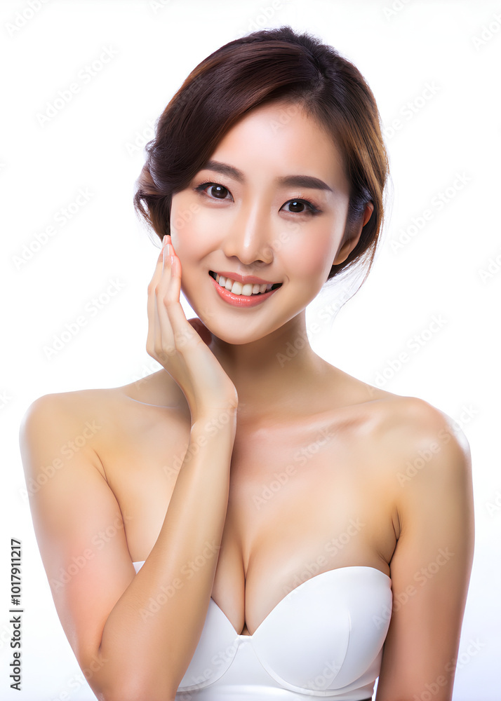 Young Asian beauty woman curly long hair with korean makeup style on face and perfect clean skin on isolated white Young Asian beauty woman curly long hair with korean makeup style on face and perfect clean skin on isolated white