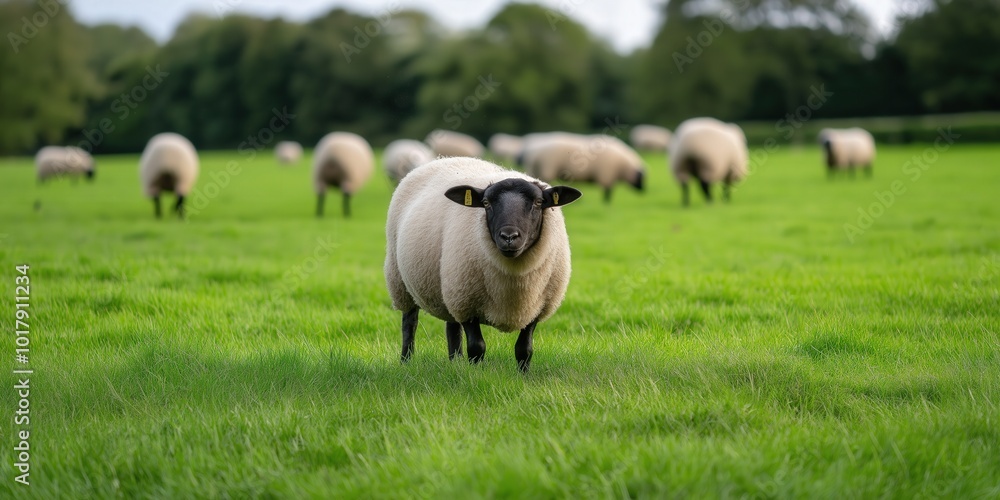 A Suffolk sheep flock grazing in a freshly rotated, lush green pasture in Southern England A Suffolk sheep flock grazing in a freshly rotated, lush green pasture in Southern England