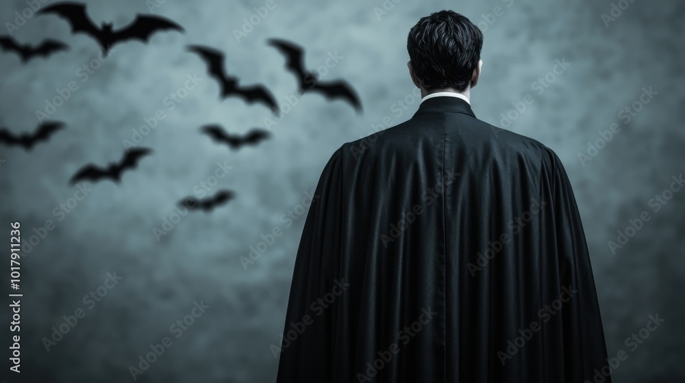 Vampire in a cape, bats flying in the background Vampire in a cape, bats flying in the background