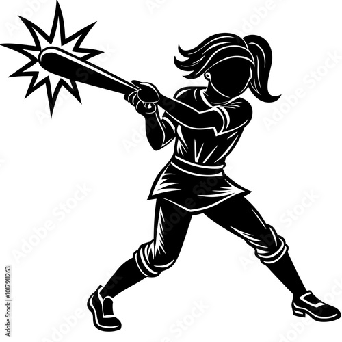 girl hit the baseball ball silhouette