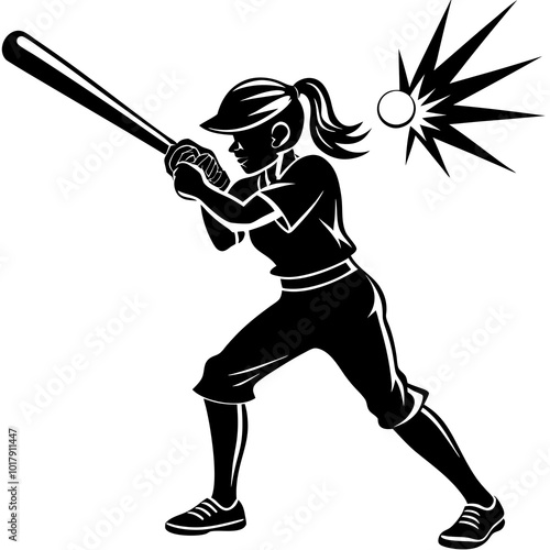 girl hit the baseball ball silhouette