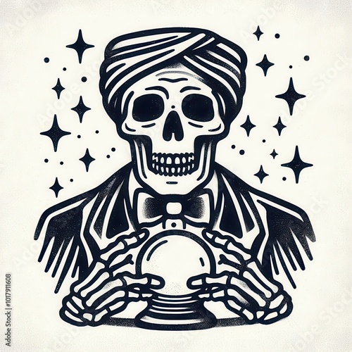 A stylized illustration of a skeleton fortune teller with a crystal ball, adorned in a tuxedo and turban, surrounded by stars.