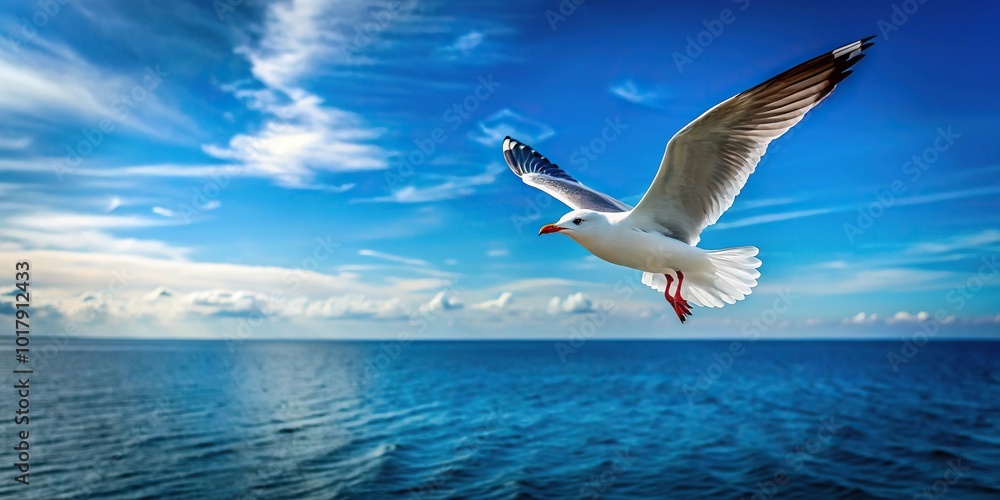 Obraz premium A single seagull flying over the sea, against a backdrop of blue sky