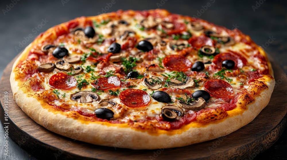 A freshly baked pizza topped with olives, mushrooms, pepperoni, and cheese is displayed on a wooden board. The crust is perfectly golden and crispy. A freshly baked pizza topped with olives, mushrooms, pepperoni, and cheese is displayed on a wooden board. The crust is perfectly golden and crispy.