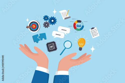 Skill, work experience or ability development, expertise success, leadership or communication to success, learning skills, wisdom concept, businessman hand hold multiple skills set to achieve success.