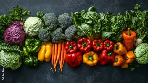 A vibrant and colorful array of fresh vegetables including broccoli, peppers, and leafy greens, neatly arranged on a dark wooden surface, emphasizing freshness and variety. photo