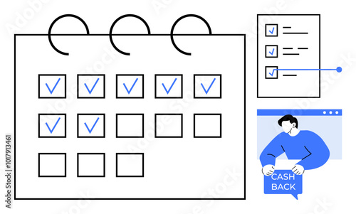 Simple planner with checkbox marks, task checklist, and individual holding a cashback sign. Ideal for organizing, scheduling, productivity, financial planning, minimalistic designs