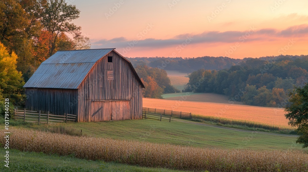 A charming rustic barn set in a tranquil open field with lush green rolling hills in the background, capturing the serene beauty of the countryside at dawn. A charming rustic barn set in a tranquil open field with lush green rolling hills in the background, capturing the serene beauty of the countryside at dawn.