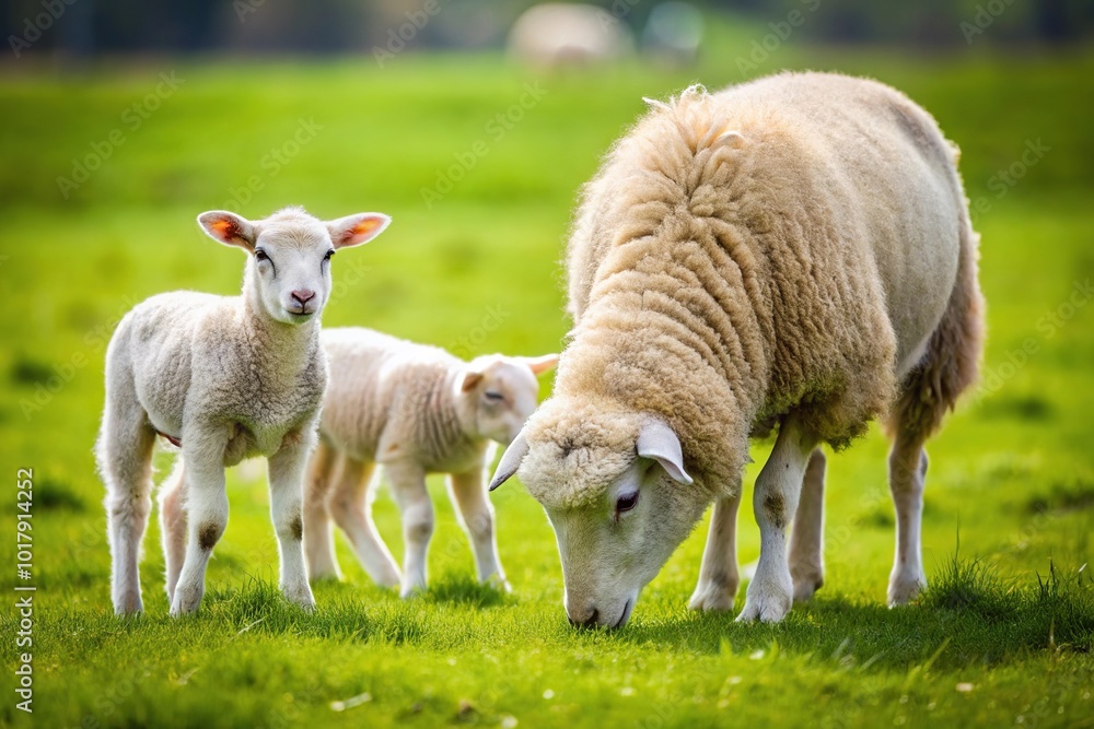 A small sheep with parents grazing on a lawn in green grass Aerial A small sheep with parents grazing on a lawn in green grass Aerial