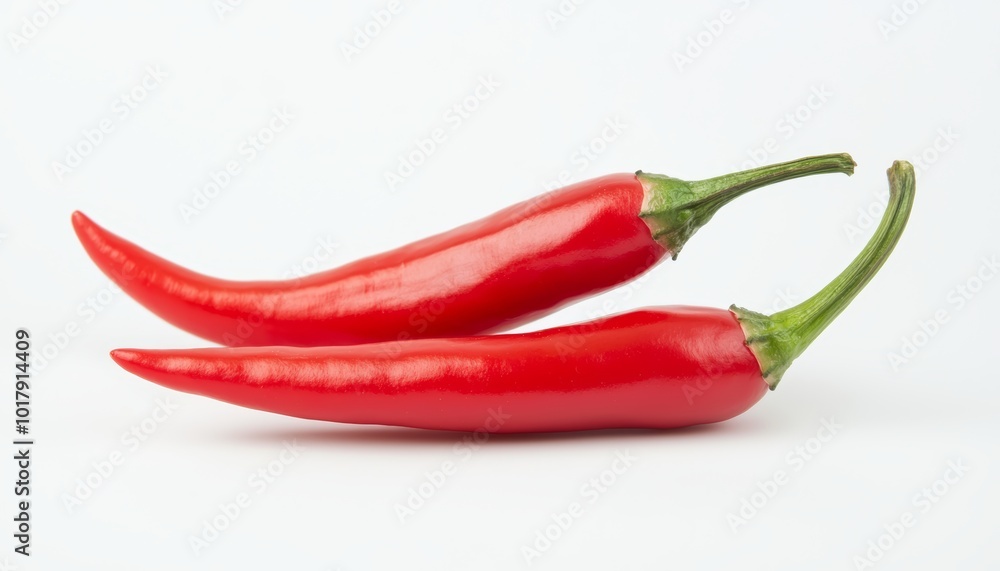 A pair of fresh red chili peppers, smooth skin, natural green stems, isolated on white background A pair of fresh red chili peppers, smooth skin, natural green stems, isolated on white background