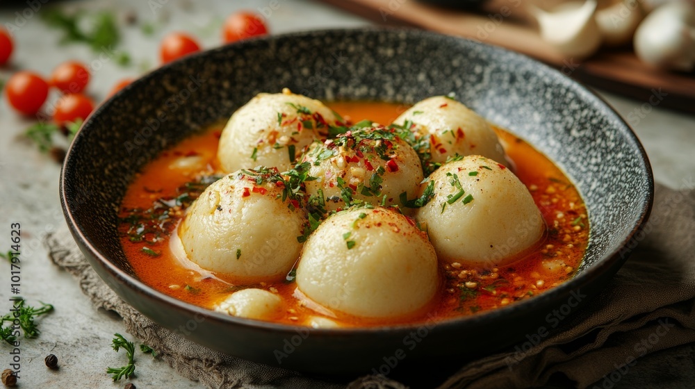 A bowl of traditional dumplings submerged in a spicy orange broth, garnished with fresh herbs and spices, creating an appetizing and aromatic dining experience. A bowl of traditional dumplings submerged in a spicy orange broth, garnished with fresh herbs and spices, creating an appetizing and aromatic dining experience.