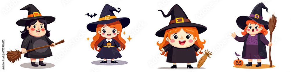 A set of isolated cartoon illustrations featuring friendly witches with different hairstyles, wearing black robes and pointed hats. The witches are holding broomsticks and magic wands A set of isolated cartoon illustrations featuring friendly witches with different hairstyles, wearing black robes and pointed hats. The witches are holding broomsticks and magic wands