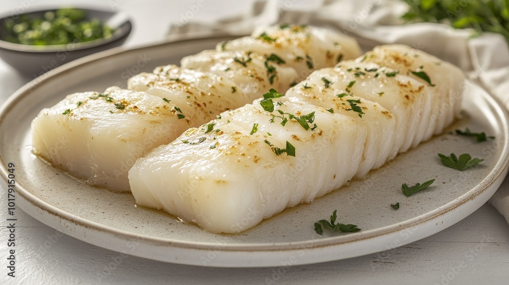 Three perfectly seasoned and steamed cod fillets garnished with fresh parsley, presented beautifully on a white ceramic plate, ready to be served and enjoyed. Three perfectly seasoned and steamed cod fillets garnished with fresh parsley, presented beautifully on a white ceramic plate, ready to be served and enjoyed.