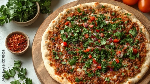 Wallpaper Mural The image displays a Middle Eastern flatbread decorated with fresh herbs and diced vegetables, a delightful dish representing a cultural and flavorful experience. Torontodigital.ca