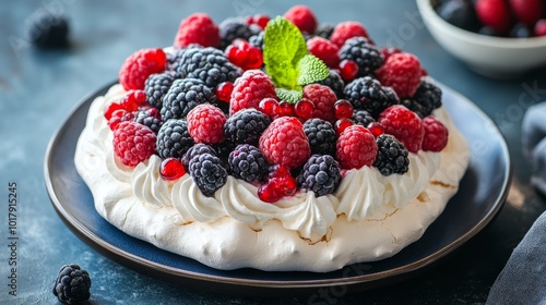 A beautifully presented pavlova dessert topped with a mix of fresh berries and a hint of mint, offering a delicate and sweet culinary delight for dessert lovers.