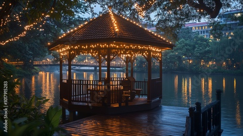 Wallpaper Mural A serene gazebo illuminated by twinkling lights, nestled by the lakeside, creating a tranquil ambiance perfect for relaxation or intimate gatherings under the night sky. Torontodigital.ca