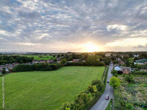 High Angle View of British Agricultural Farms at Streatley Village and Countryside Landscape of Bedfordshire, England Great Britain of UK. Footage Was Captured with Drone's Camera on October 7th, 2024