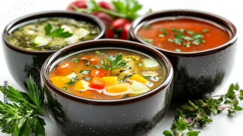 A trio of soups is presented in elegant black bowls, garnished with fresh herbs. Each bowl offers a unique flavor, accentuated by colorful vegetable slices.