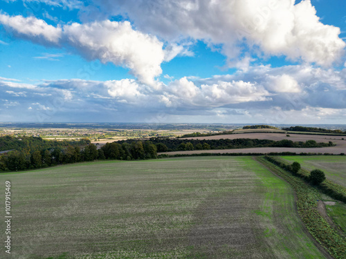 High Angle View of British Agricultural Farms at Streatley Village and Countryside Landscape of Bedfordshire, England Great Britain of UK. Footage Was Captured with Drone's Camera on October 7th, 2024