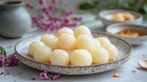 Wallpaper Mural A plate of delightful syrup-soaked dessert balls is artistically arranged, offering a soft texture and sweet taste, perfect for satisfying a sweet tooth. Torontodigital.ca