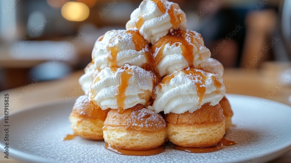 A decadent tower of profiteroles draped in luxurious whipped cream and caramel, perfectly positioned on a plate to create an inviting and indulgent dessert masterpiece. A decadent tower of profiteroles draped in luxurious whipped cream and caramel, perfectly positioned on a plate to create an inviting and indulgent dessert masterpiece.