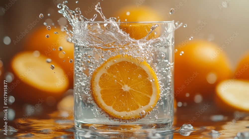 A vibrant image showing an orange slice splashing into a glass of water, creating an exhilarating atmosphere with droplets splattered all around the glass. A vibrant image showing an orange slice splashing into a glass of water, creating an exhilarating atmosphere with droplets splattered all around the glass.