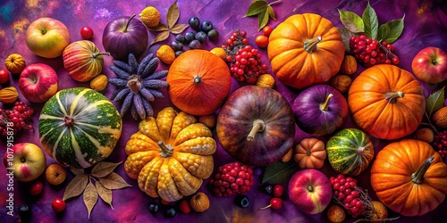 Colorful 3D pumpkins with autumn fruits on a purple background evoke cozy fall vibes, perfect for seasonal decor and boosting your autumn