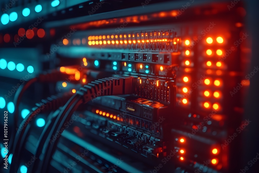 Illuminated Network Switch and Ethernet Cables in Rack Cabinet Concept of Data Infrastructure and Illuminated Network Switch and Ethernet Cables in Rack Cabinet Concept of Data Infrastructure and