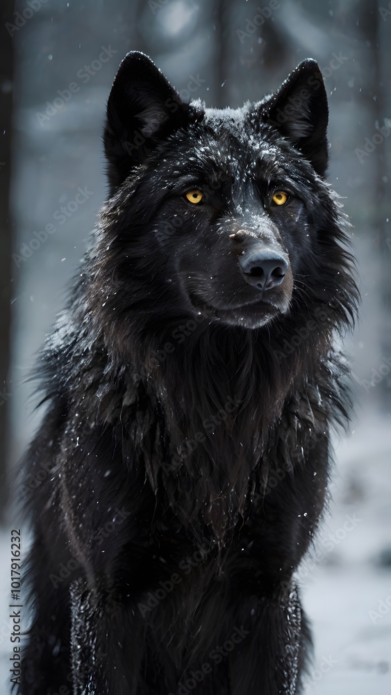 Naklejka premium Snowy Wolf in Winter Forest: The Black Predator