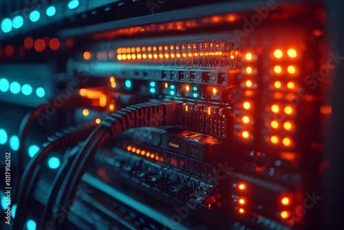 Illuminated Network Switch and Ethernet Cables in Rack Cabinet Concept of Data Infrastructure and