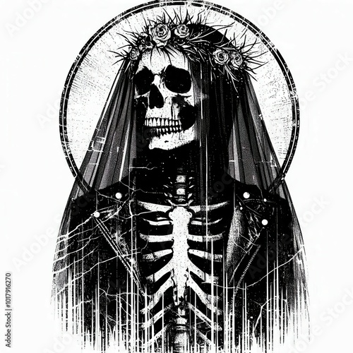 A skeleton in a wedding veil and leather jacket, adorned with a floral crown, conveys a unique blend of gothic and romantic themes. photo