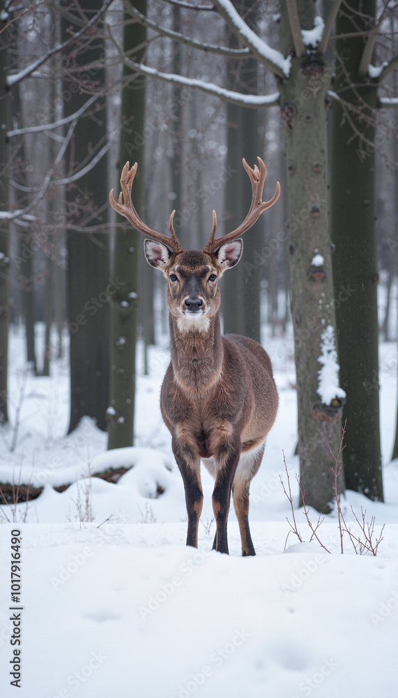 Single deer standing in a snowy forest Single deer standing in a snowy forest