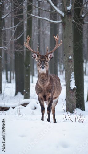 Wallpaper Mural Single deer standing in a snowy forest Torontodigital.ca