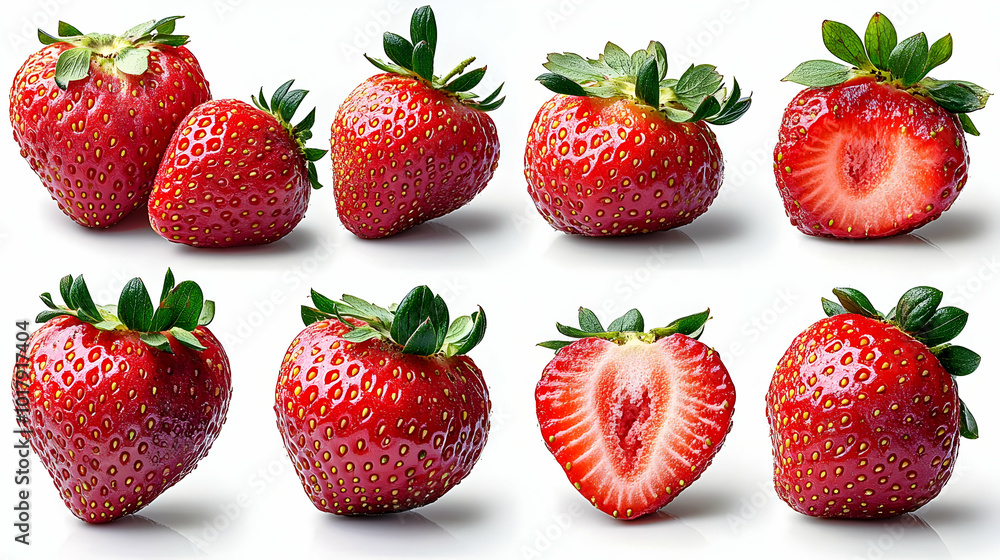 A collection of fresh strawberries, whole and sliced, displayed attractively. A collection of fresh strawberries, whole and sliced, displayed attractively.