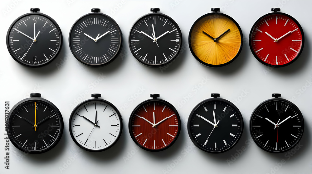 A collection of stylish wall clocks in various colors and designs. A collection of stylish wall clocks in various colors and designs.