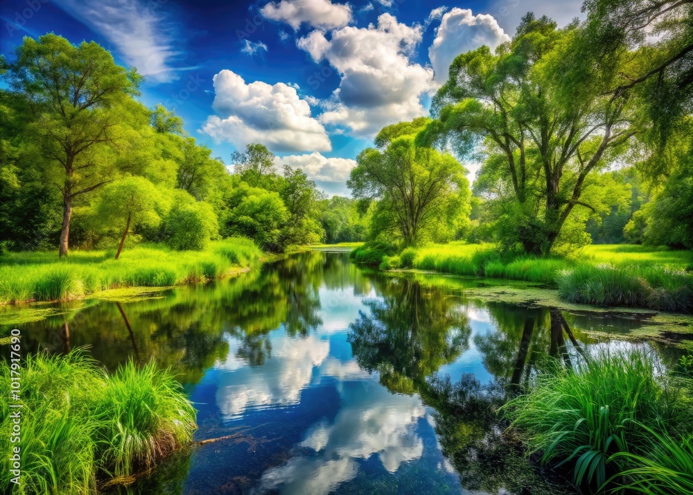 Lush Green Swamp Landscape with Reflections and Dense Vegetation in a Tranquil Natural Setting Lush Green Swamp Landscape with Reflections and Dense Vegetation in a Tranquil Natural Setting